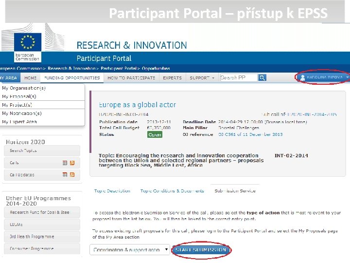 Participant Portal – přístup k EPSS 