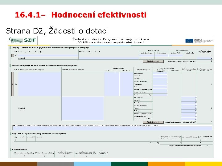 16. 4. 1– Hodnocení efektivnosti Strana D 2, Žádosti o dotaci 