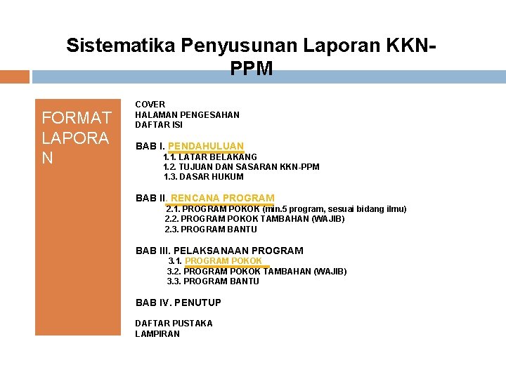 Sistematika Penyusunan Laporan KKNPPM FORMAT LAPORA N COVER HALAMAN PENGESAHAN DAFTAR ISI BAB I. Sistematika Penyusunan Laporan KKNPPM FORMAT LAPORA N COVER HALAMAN PENGESAHAN DAFTAR ISI BAB I.