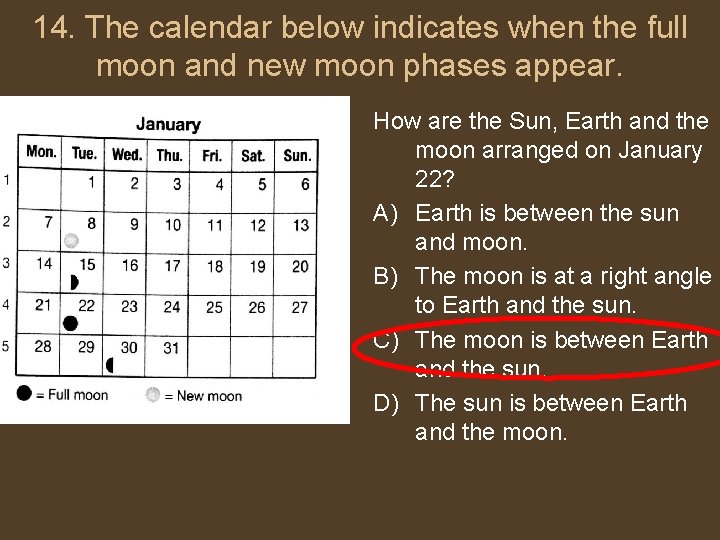 14. The calendar below indicates when the full moon and new moon phases appear.