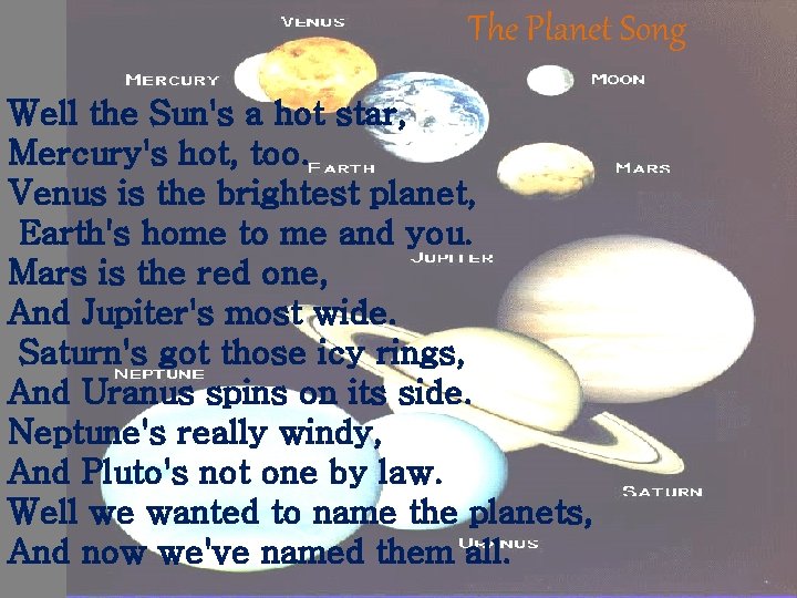 The Planet Song Well the Sun's a hot star, Mercury's hot, too. Venus is