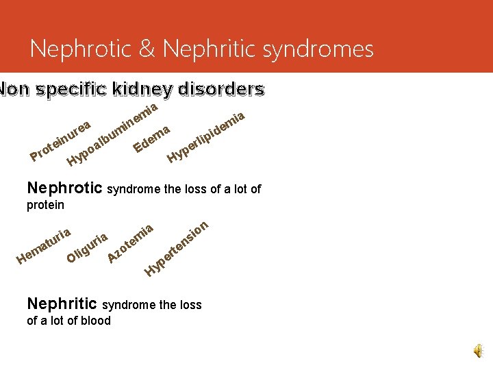 Nephrotic & Nephritic syndromes Non specific kidney disorders a rea i m e t