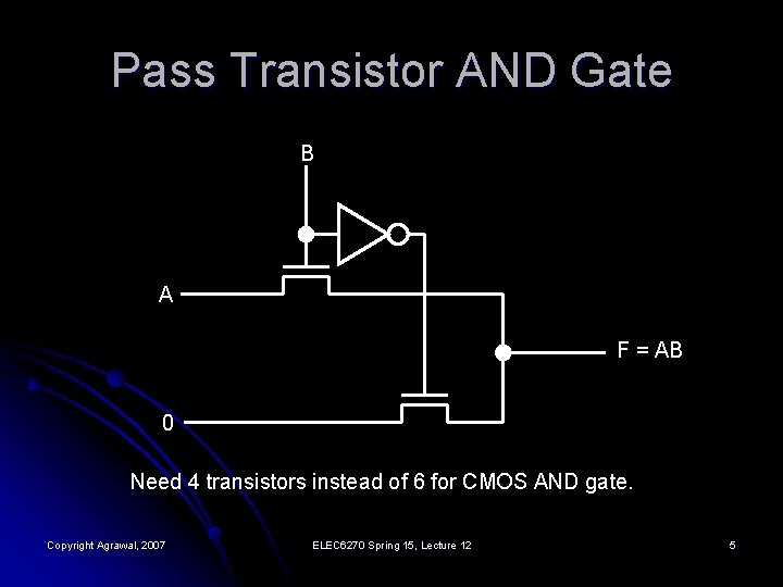 Pass Transistor AND Gate B A F = AB 0 Need 4 transistors instead