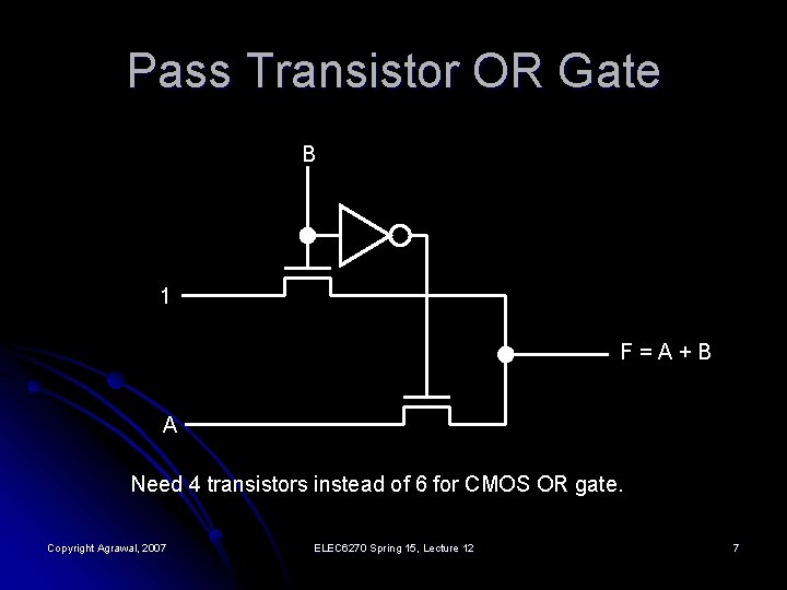 Pass Transistor OR Gate B 1 F=A+B A Need 4 transistors instead of 6