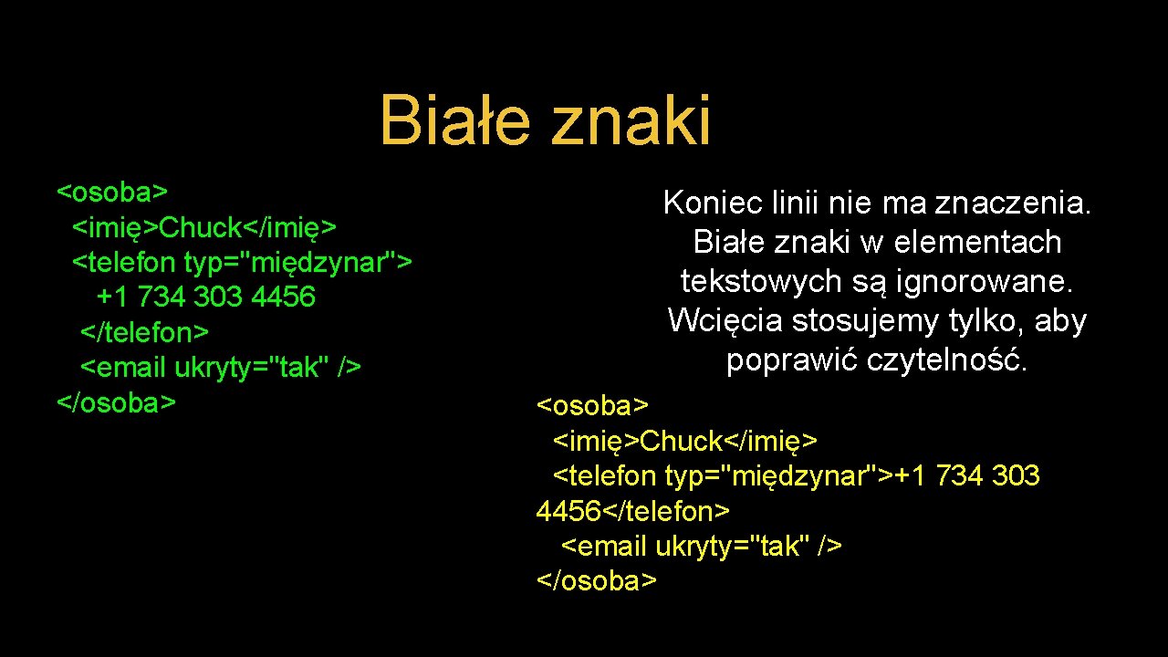 Białe znaki <osoba> <imię>Chuck</imię> <telefon typ="międzynar"> +1 734 303 4456 </telefon> <email ukryty="tak" />