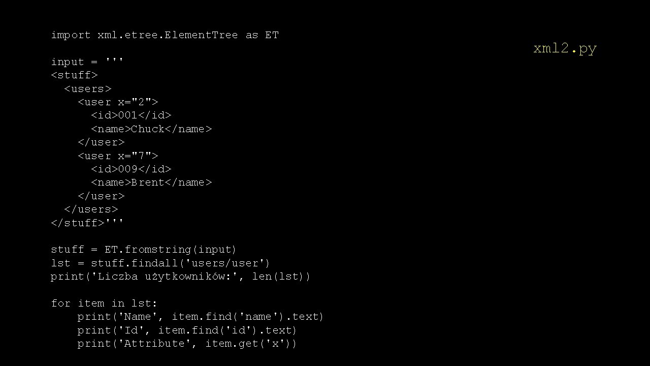 import xml. etree. Element. Tree as ET input = ''' <stuff> <users> <user x="2">