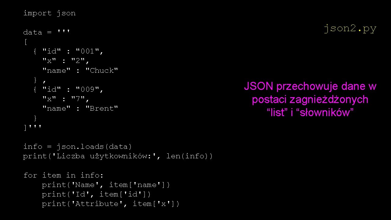 import json data = ''' [ { "id" : "001", "x" : "2", "name"