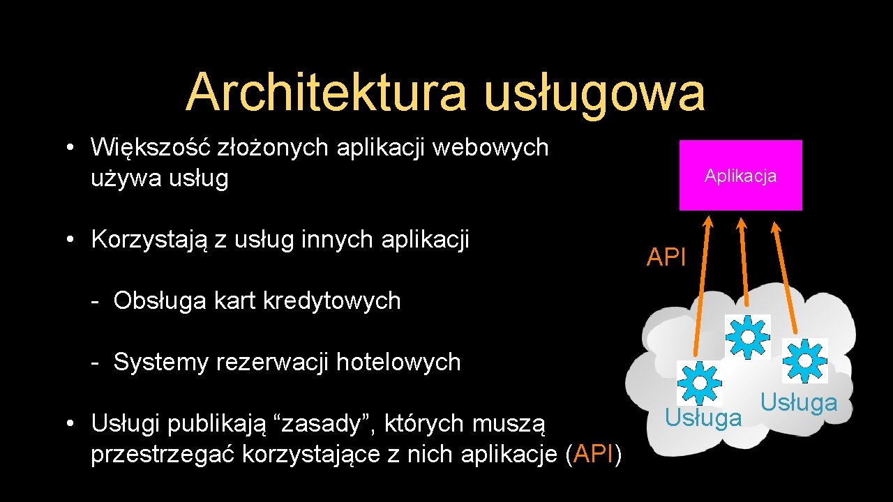 Architektura usługowa • Większość złożonych aplikacji webowych używa usług • Korzystają z usług innych