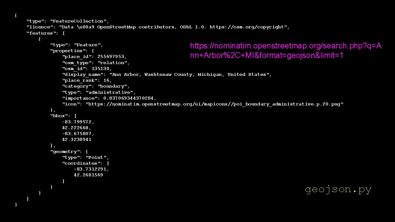{ "type": "Feature. Collection", "licence": "Data u 00 a 9 Open. Street. Map contributors,