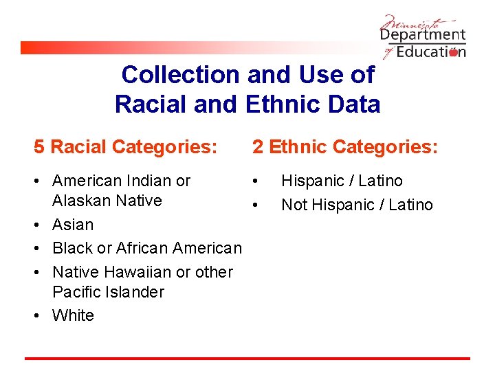 Collection and Use of Racial and Ethnic Data 5 Racial Categories: 2 Ethnic Categories: