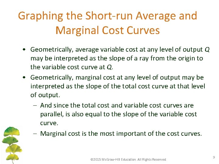 Graphing the Short-run Average and Marginal Cost Curves • Geometrically, average variable cost at