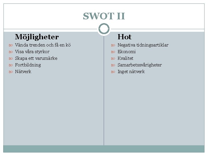 SWOT II Möjligheter Hot Vända trenden och få en kö Negativa tidningsartiklar Visa våra