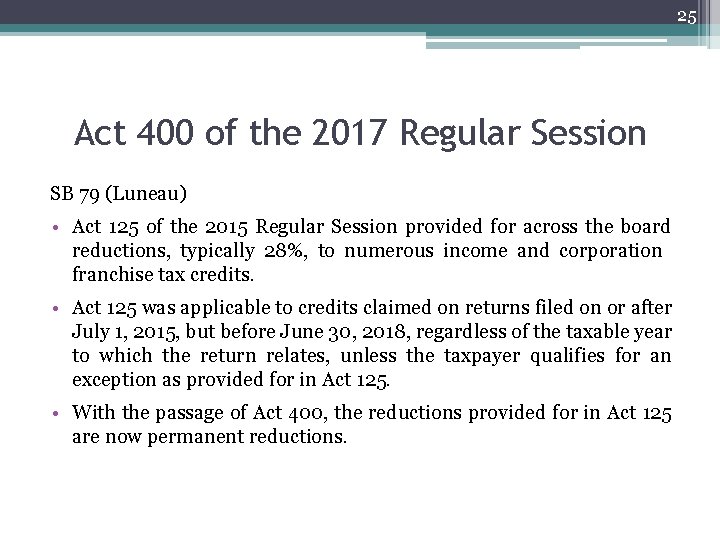 25 Act 400 of the 2017 Regular Session SB 79 (Luneau) • Act 125