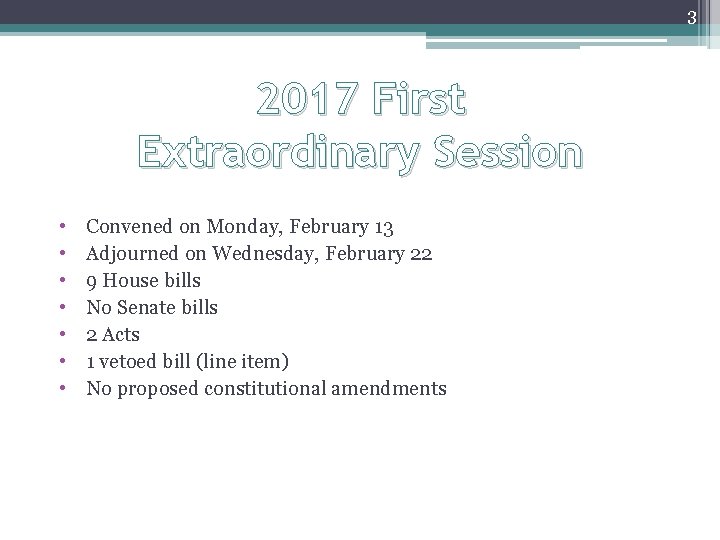 3 2017 First Extraordinary Session • • Convened on Monday, February 13 Adjourned on