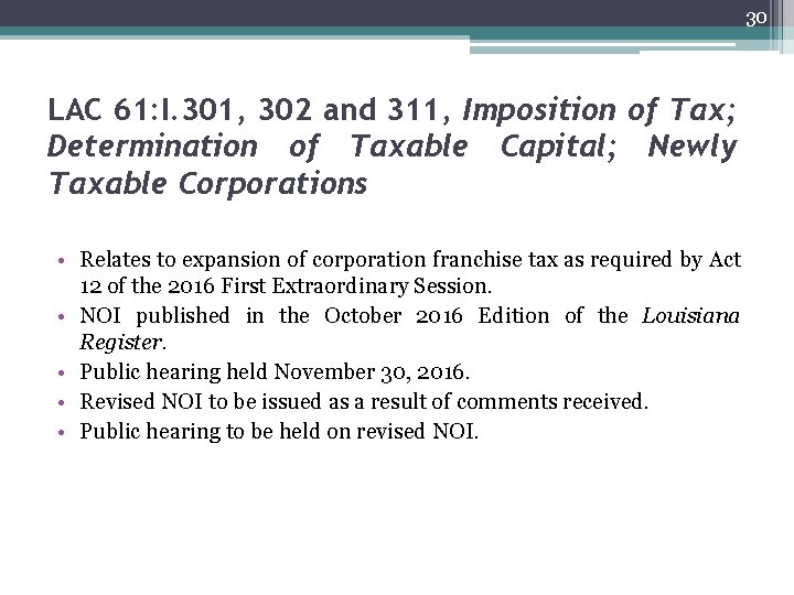 30 LAC 61: I. 301, 302 and 311, Imposition of Tax; Determination of Taxable