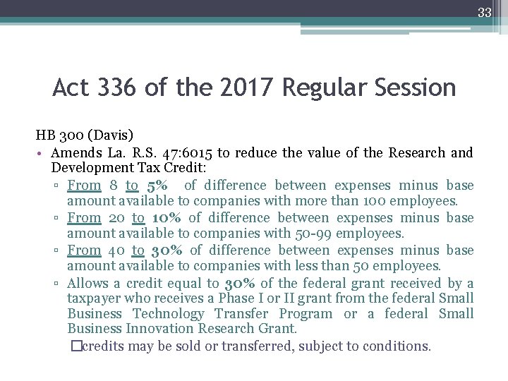 33 Act 336 of the 2017 Regular Session HB 300 (Davis) • Amends La.