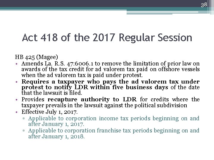 38 Act 418 of the 2017 Regular Session HB 425 (Magee) • Amends La.