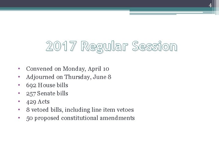 4 2017 Regular Session • • Convened on Monday, April 10 Adjourned on Thursday,