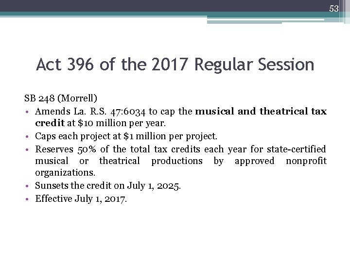 53 Act 396 of the 2017 Regular Session SB 248 (Morrell) • Amends La.