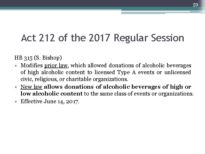 59 Act 212 of the 2017 Regular Session HB 315 (S. Bishop) • Modifies