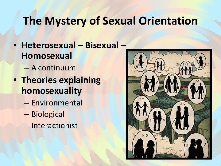 The Mystery of Sexual Orientation • Heterosexual – Bisexual – Homosexual – A continuum