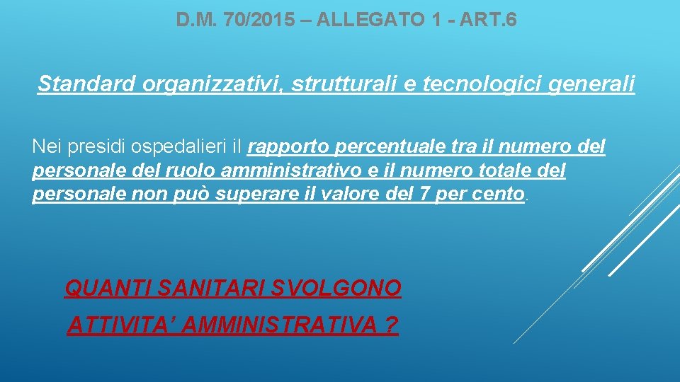 D. M. 70/2015 – ALLEGATO 1 - ART. 6 Standard organizzativi, strutturali e tecnologici