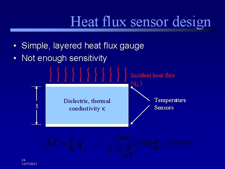 Heat flux sensor design • Simple, layered heat flux gauge • Not enough sensitivity