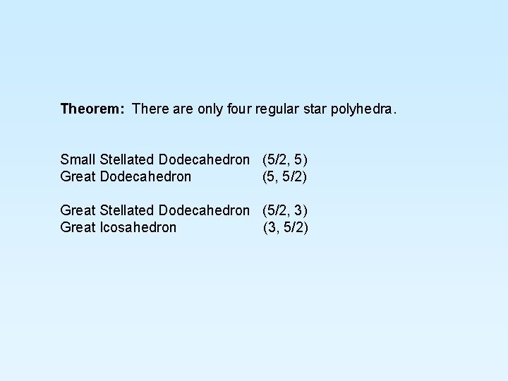 Theorem: There are only four regular star polyhedra. Small Stellated Dodecahedron (5/2, 5) Great