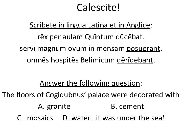 Calescite! Scribete in lingua Latina et in Anglice: rēx per aulam Quīntum dūcēbat. servī