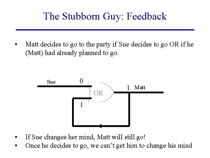 The Stubborn Guy: Feedback • Matt decides to go to the party if Sue