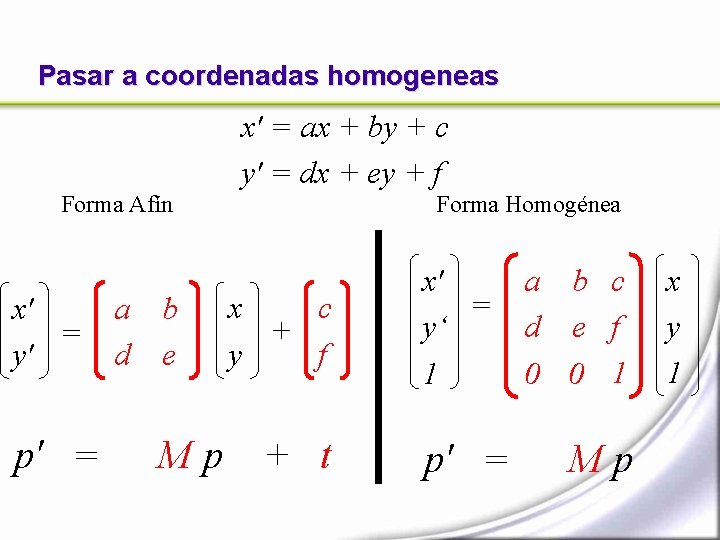 Pasar a coordenadas homogeneas x' = ax + by + c y' = dx