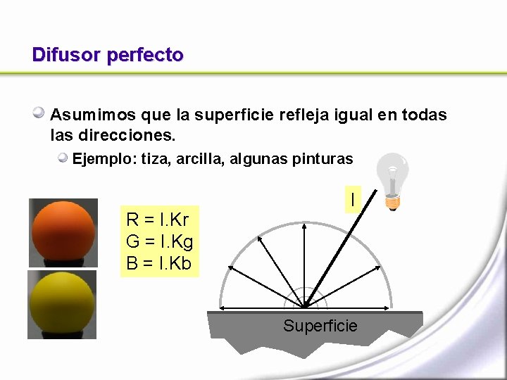 Difusor perfecto Asumimos que la superficie refleja igual en todas las direcciones. Ejemplo: tiza,