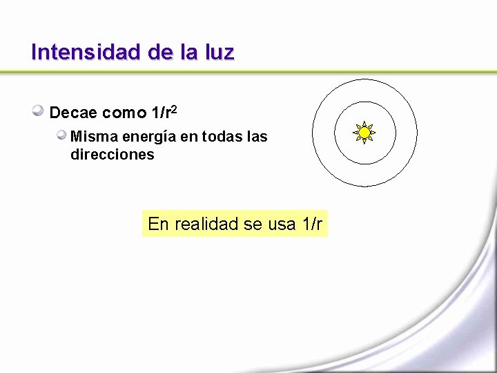 Intensidad de la luz Decae como 1/r 2 Misma energía en todas las direcciones