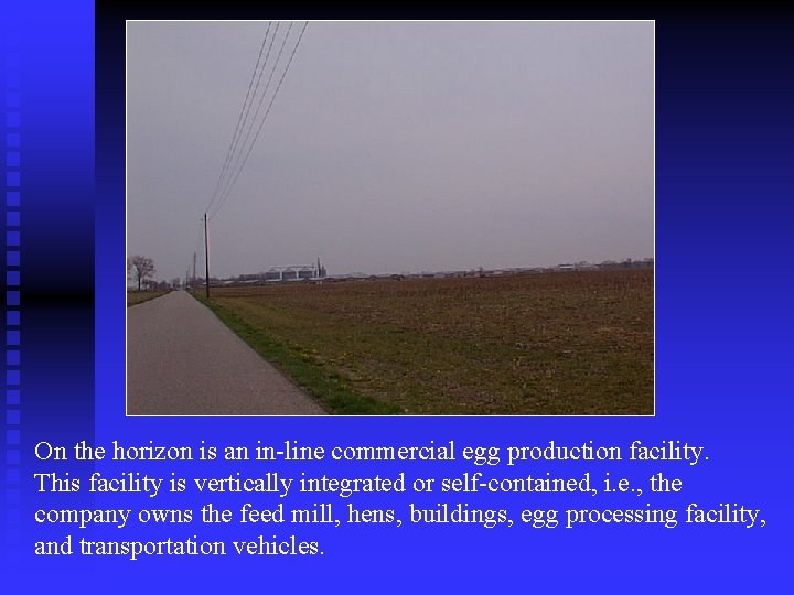 On the horizon is an in-line commercial egg production facility. This facility is vertically