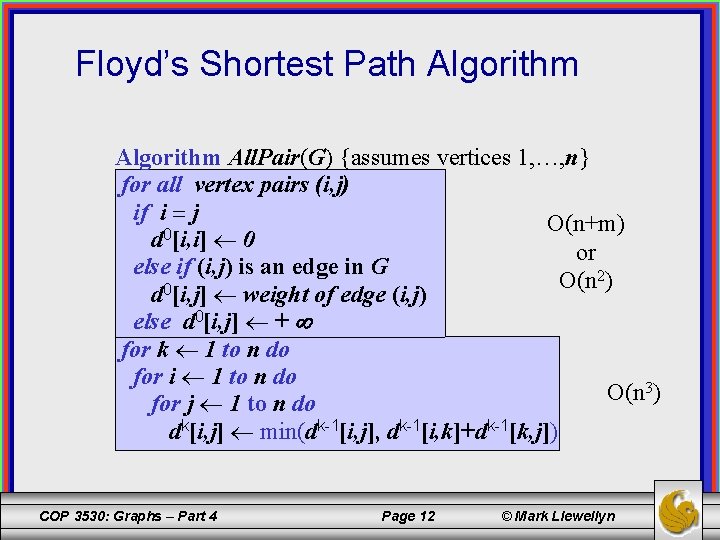 Floyd’s Shortest Path Algorithm All. Pair(G) {assumes vertices 1, …, n} for all vertex