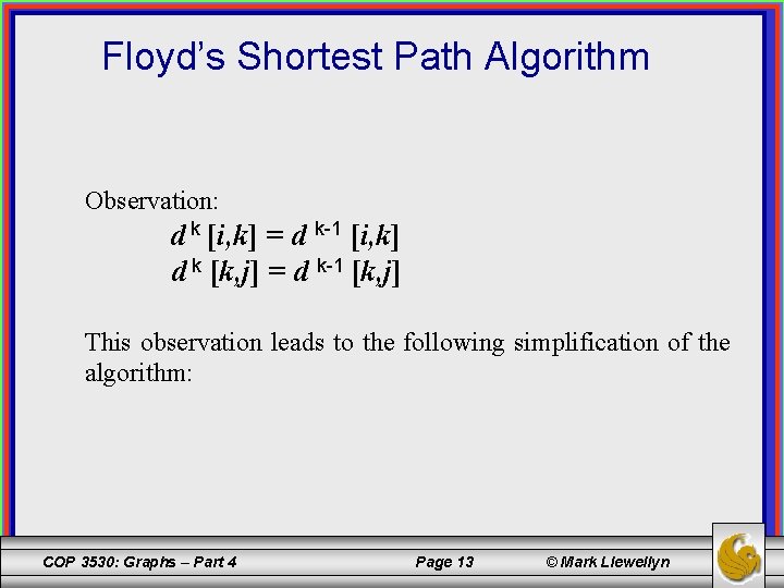 Floyd’s Shortest Path Algorithm Observation: d k [i, k] = d k-1 [i, k]