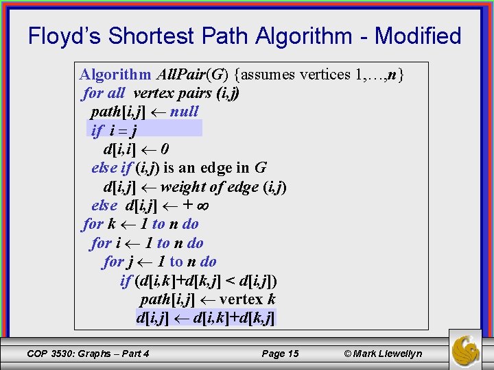 Floyd’s Shortest Path Algorithm - Modified Algorithm All. Pair(G) {assumes vertices 1, …, n}