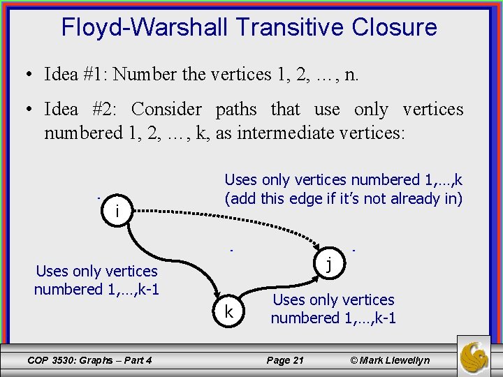 Floyd-Warshall Transitive Closure • Idea #1: Number the vertices 1, 2, …, n. •