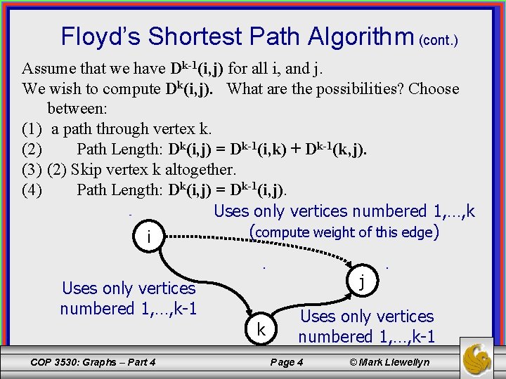 Floyd’s Shortest Path Algorithm (cont. ) Assume that we have Dk-1(i, j) for all