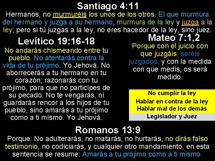 Santiago 4: 11 Hermanos, no murmuréis los unos de los otros. El que murmura