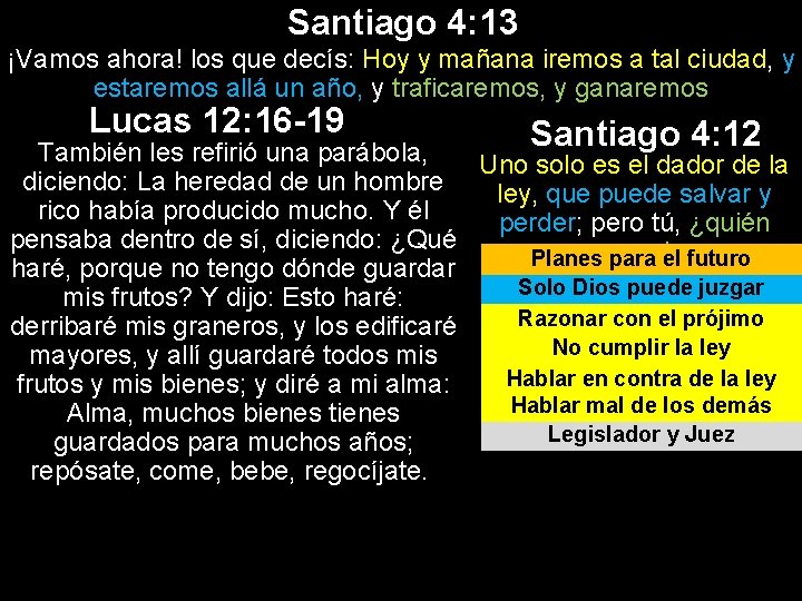 Santiago 4: 13 ¡Vamos ahora! los que decís: Hoy y mañana iremos a tal