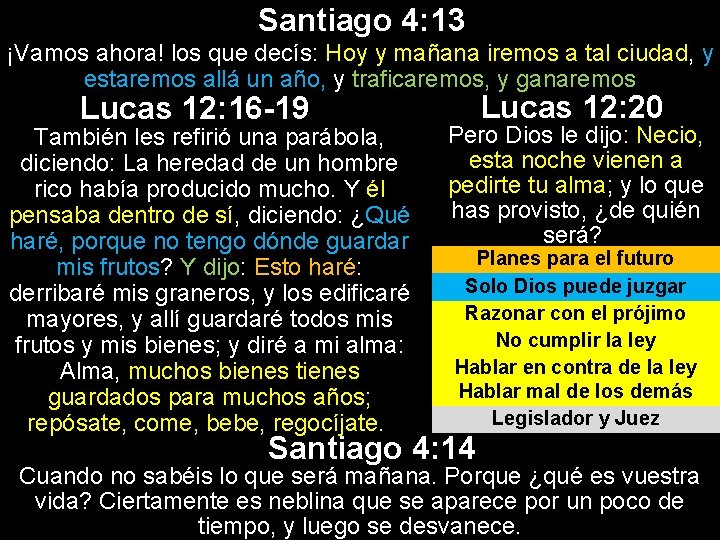 Santiago 4: 13 ¡Vamos ahora! los que decís: Hoy y mañana iremos a tal