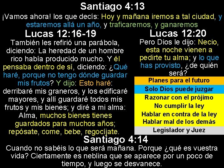 Santiago 4: 13 ¡Vamos ahora! los que decís: Hoy y mañana iremos a tal