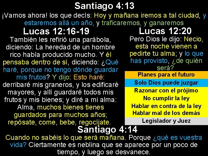 Santiago 4: 13 ¡Vamos ahora! los que decís: Hoy y mañana iremos a tal