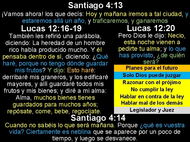 Santiago 4: 13 ¡Vamos ahora! los que decís: Hoy y mañana iremos a tal