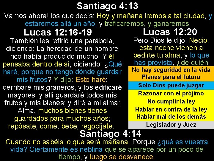 Santiago 4: 13 ¡Vamos ahora! los que decís: Hoy y mañana iremos a tal