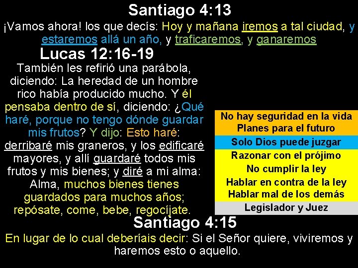 Santiago 4: 13 ¡Vamos ahora! los que decís: Hoy y mañana iremos a tal