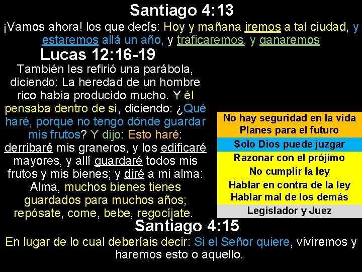 Santiago 4: 13 ¡Vamos ahora! los que decís: Hoy y mañana iremos a tal