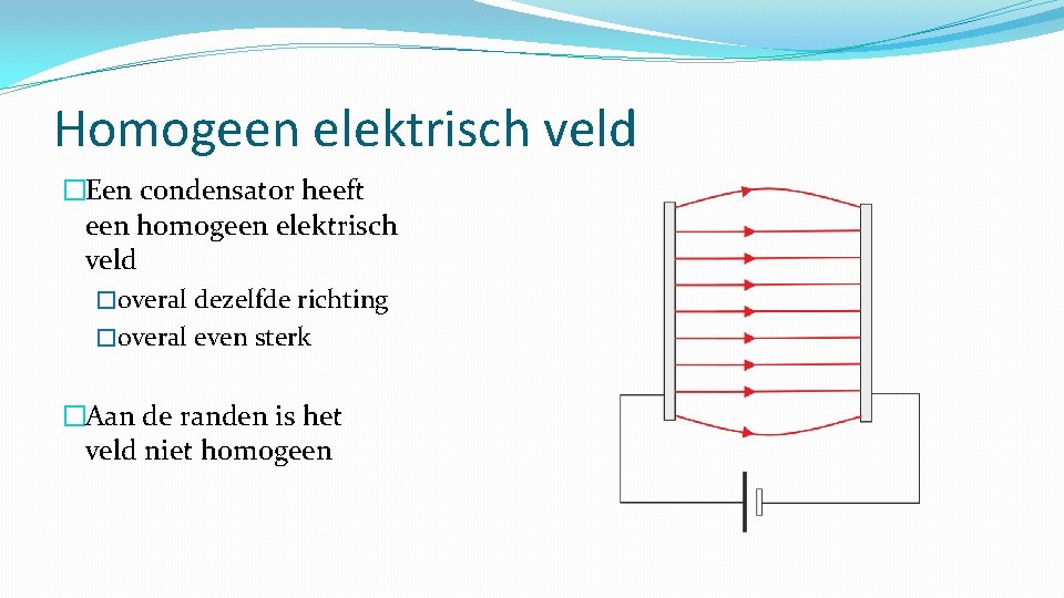 Homogeen elektrisch veld �Een condensator heeft een homogeen elektrisch veld �overal dezelfde richting �overal