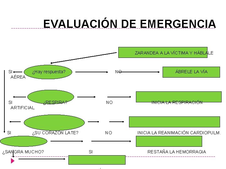 EVALUACIÓN DE EMERGENCIA ZARANDEA A LA VÍCTIMA Y HÁBLALE SI AÉREA ¿Hay respuesta? SI